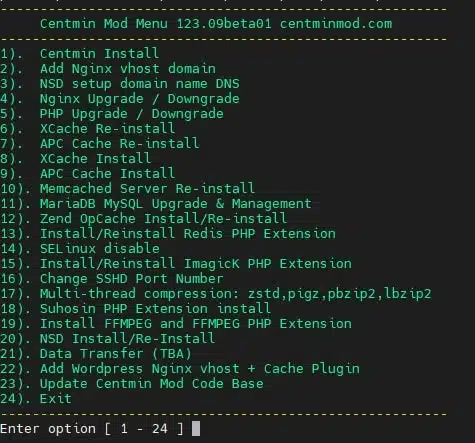 Menu Centmin MOD