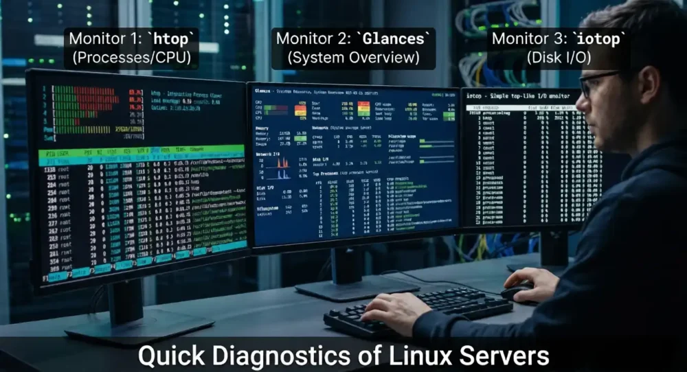 how to use htop iotop and glances