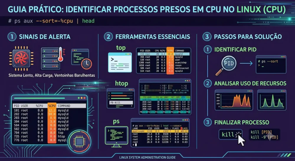 como identificar processos presos em cpu linux