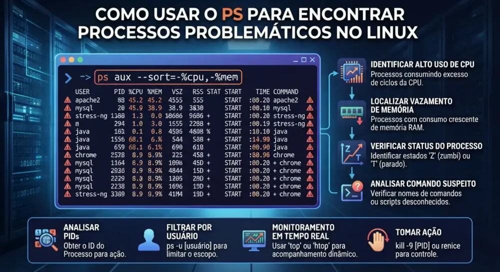como usar ps para encontrar processos problematicos